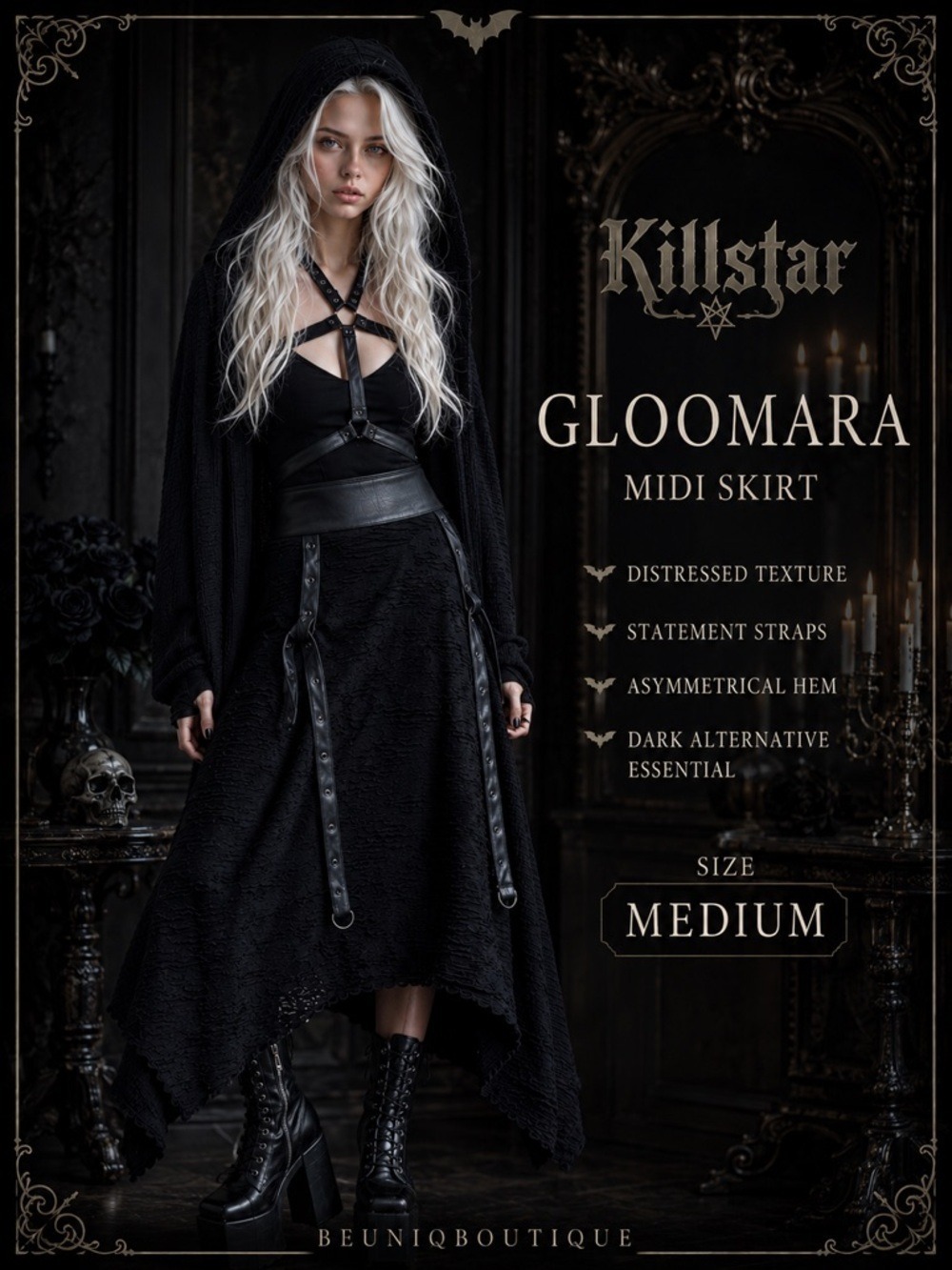 Killstar Gloomara Black Distressed Strap Midi Skirt Goth M